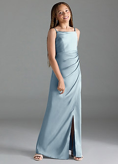Azazie Leonis Junior Dusty Blue A-Line Pleated Stretch Satin Dress image3
