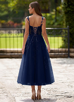 Zosia Navy Blue Lace A-line Lace Up Back Midi Dress image2