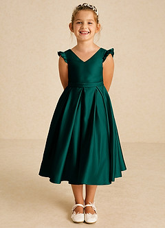Azazie Francine Flower Girl Dresses Pine A-Line Bow Matte Satin Dress image2