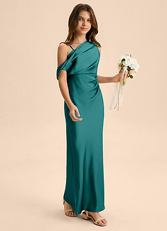 Azazie Emerson Junior Peacock Sheath Off the Shoulder Stretch Satin Dress image5