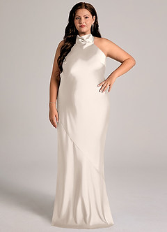 Azazie Velli Vestidos de damas de honor Vestido Alabastro Blanco de Satén Elástico de Corte Sirena con Cuello alto image7