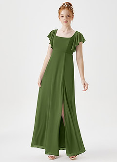 Azazie Bondi Junior A-Linie Seitliche Cut-Outs Gittergewebe Kleid Olivgrün image3