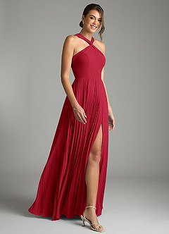 Azazie Afra Abiti da Damigella Abito A-Line in Chiffon Plissettato Scarlatto image3