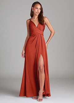 Azazie Maren Allure Bridesmaid Dresses Rust A-Line Lace Stretch Satin Dress image3
