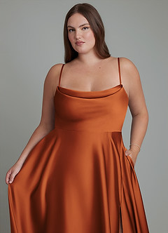 Azazie Elle Bridesmaid Dresses Cinnamon A-Line Pleated Stretch Satin Dress image10
