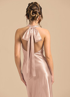 Azazie Velli Robes de demoiselle d'honneur Robe Fourreau en Satiné métallisé Col Haut Rose Perle image6