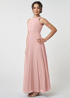 Azazie Lindie Junior Powder Pink A-Line Pleated Chiffon Dress image3