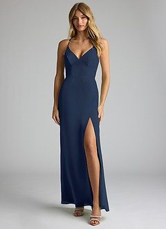 Azazie Becca Bridesmaid Dresses Dark Navy Sheath V-Neck Chiffon Dress image1