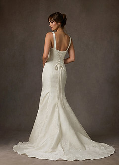 Azazie Quinn Wedding Dresses Cream Mermaid Square Neckline Floral Jacquard Dress image2