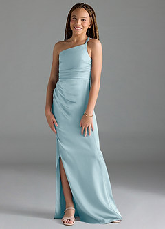 Azazie Eren Junior Moody Blue Sheath Pleated Stretch Satin Dress image1