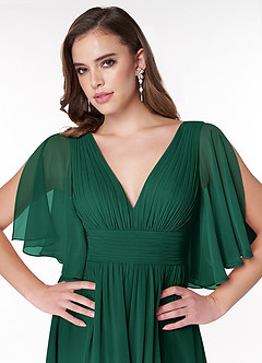 Azazie Temeka Abiti da Damigella Abito A-Line in Chiffon Increspato Smeraldo image6