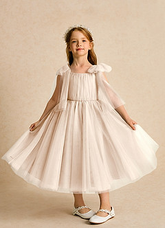 Azazie Dori Robe Demoiselle D'honneur Fillette Robe Trapèze en Tulle Rayé Albâtre Blanc image6