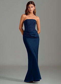Azazie Emilia Bridesmaid Dresses Dark Navy Mermaid Strapless Stretch Satin Dress image1