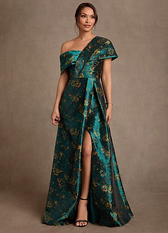 Azazie Nonie Abiti per la Madre della Sposa Abito A-Line in Jacquard Floreale Spalle Scoperte Verde Intenso image1