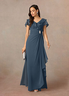 Azazie Snapdragon Mère de la mariée Robes Robe Trapèze en Mousseline de soie Col en V froncé Neptune image1