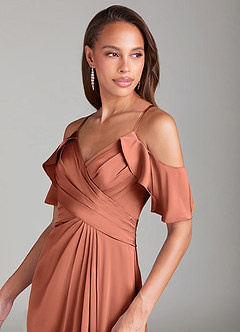 Azazie Dakota Jurken voor bruidsmeisjes Jurk van Stretch Satijn met A-Lijn Off the Shoulder Klei image5