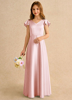 Azazie Nari Girls Formal Sukienki dla dziewczynek sypiących kwiaty Linia A z rękawami Satyna elastyczna Długość podłogi Sukienka image3