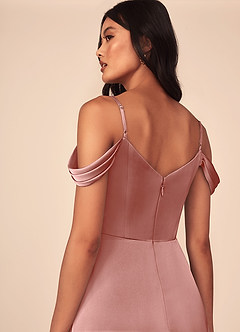 Azazie Ocean Bridesmaid Dresses Rosette A-Line V-Neck Pleated Stretch Satin Dress image5