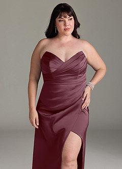 Azazie Yola Bridesmaid Dresses Sangria Sheath V-Neck Pleated Stretch Satin Convertible Dress image13