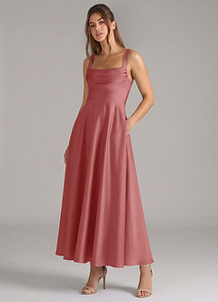 Azazie Shaude Abiti da Damigella Abito A-Line in Raso Elasticizzato Plissettato Rosa Antica image5