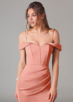 Azazie Everly Jurken voor bruidsmeisjes Converteerbaar Jurk van Stretch Satijn met Zeemeermin Off the Shoulder Koraal image2