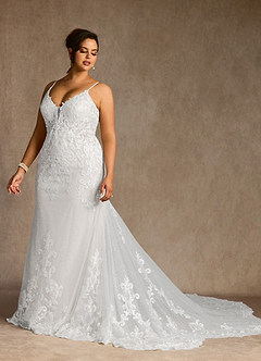 Azazie Selene Wedding Dresses Diamond White Mermaid V-Neck Lace Dress image10