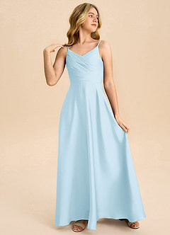 Azazie Bug Junior Sky Blue A-Line Pleated Stretch Satin Dress image4