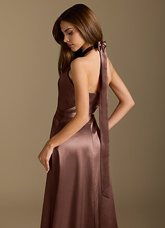 Azazie Tracie Bridesmaid Dresses Espresso A-Line Pleated Metallic Satin Dress image8