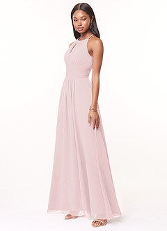 Azazie Bonnie Robes de demoiselle d'honneur Robe Trapèze en Mousseline de soie Trou de serrure froncé Rose Pâle image3