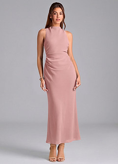 Azazie Evadne 신부 들러리 드레스 쉬스 주름진 쉬폰 발목 길이 드레스 image3