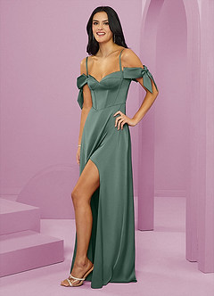 Barbie ♥ Azazie Final Sale Eucalyptus A-Line Off the Shoulder Stretch Satin Dress image3