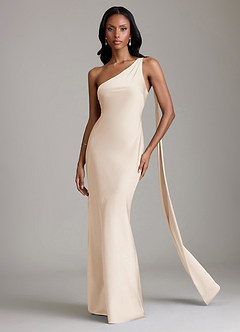 Azazie Galinda Brudtärnklänningar Klä av Sjöjungfru i Stretch Satin Ena axeln Vit Alabaster image4