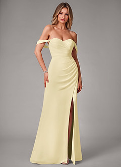 Azazie Haisley Bridesmaid Dresses Lemon Sorbet Sheath Off the Shoulder Chiffon Convertible Dress image3