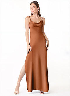 Azazie Alaija Bridesmaid Dresses Copper Mermaid Side Slit Stretch Satin Dress image2