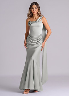 Azazie Inara 신부 들러리 드레스 인어 주름진 스트레치 새틴 바닥 길이 드레스 image1