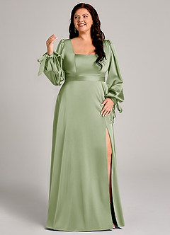 Azazie Leonia Robes de demoiselle d'honneur Robe Trapèze en Satin extensible Manche longue Vert Sauge image10
