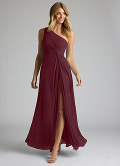Azazie Brooke Bridesmaid Dresses Cabernet A-Line One Shoulder Mesh Dress image2