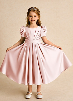 Azazie Miriam Flower Girl Dresses Blushing Pink Ball-Gown Pleated Matte Satin Dress image5