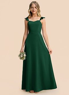 Azazie Mavie Junior Vestido Verde Oscuro de Satén Elástico de Corte en A con Drapeado image5
