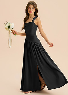 Azazie Dotty Junior Black A-Line Pleated Stretch Satin Dress image5