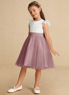 Azazie Vetty Flower Girl Dresses Ivory Dusty Rose A-Line Lace Tulle Dress image3