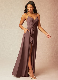 Azazie Kyedae Brautjungfernkleider Eine Linie V-Hals Gefaltet Chiffon Kleid Espresso image3