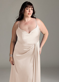 Azazie Brielle Robes de demoiselle d'honneur Robe Trapèze en Satin extensible Bretelles spaghetti Albâtre Blanc image11
