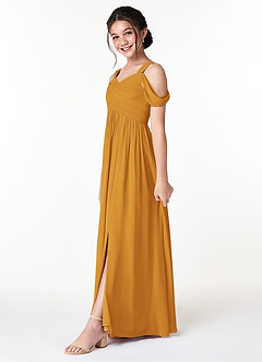 Azazie Lianne Junior Butterscotch A-Line Off the Shoulder Chiffon Dress image3