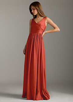 Azazie Keyla Bridesmaid Dresses Rust A-Line Pleated Stretch Satin Dress image6