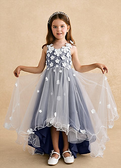 Azazie Celia Robe Demoiselle D'honneur Fillette Robe Trapèze en Tulle Dentelle Bleu Orageux image4