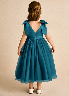 Azazie Serene Flower Girl Dresses Ink Blue Ball-Gown Bow Matte Satin Dress image6