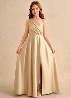 Azazie Puddles Girls Formal Flower Girl Dresses Champagne A-Line One Shoulder Stretch Satin Dress image5