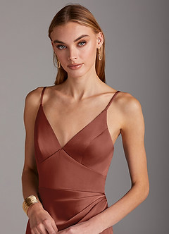 Azazie Shania Bridesmaid Dresses Auburn Sheath V-Neck Pleated Stretch Satin Dress image5