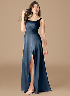 Azazie Joyce Vestidos de damas de honor Vestido de Azul Marino Oscuro de Satén Metálico de Corte en A con Corte Lateral image3